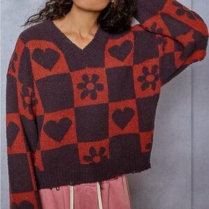 POL V-Neck Heart Pattern Checkered Sweater , Sz L, New